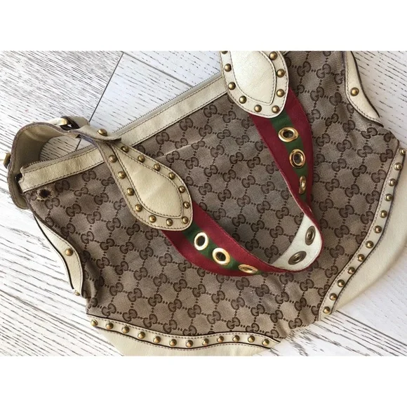 GUCCI GG Canvas & Leather Studded Hobo Bag